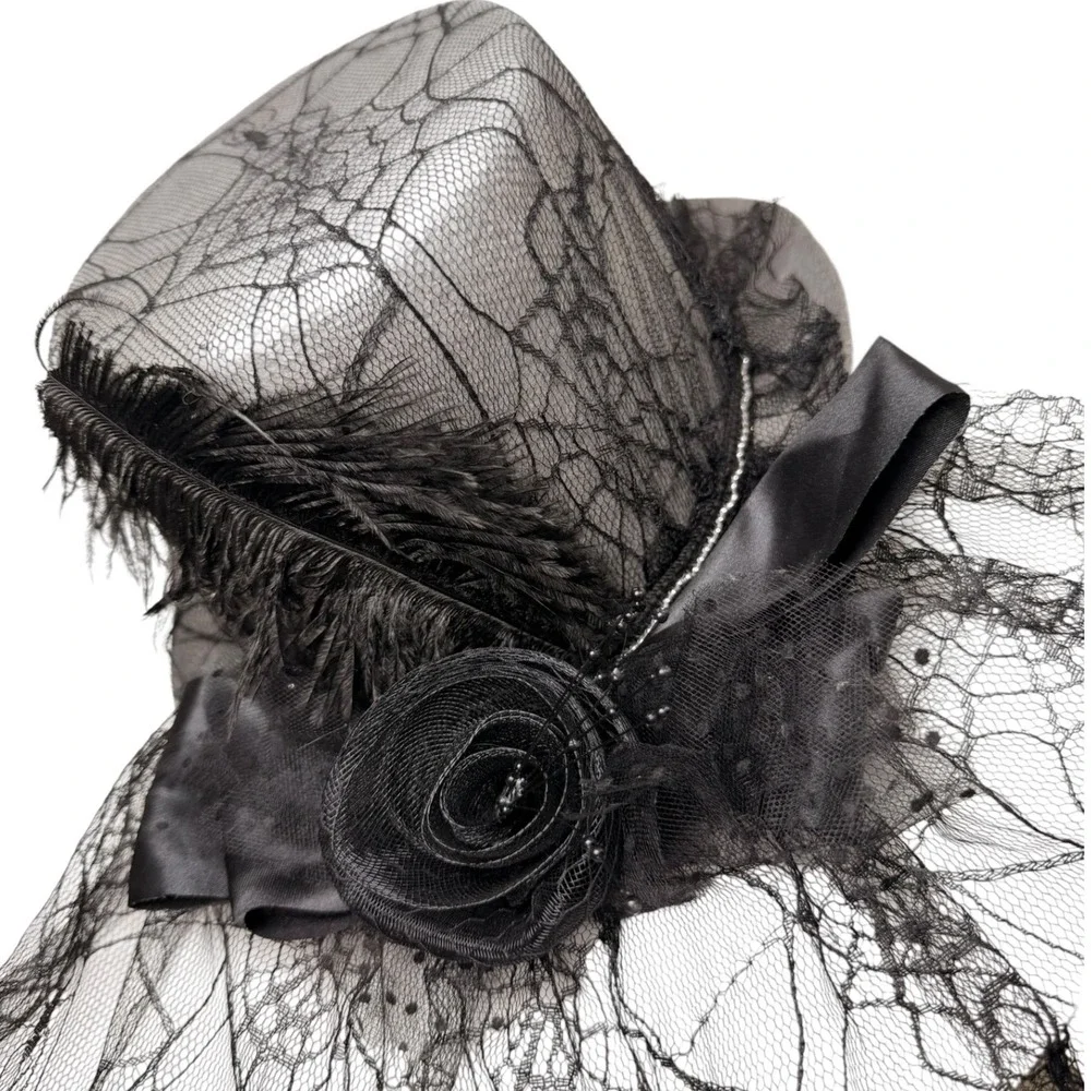 Gothic Victorian Gray Top Hat Black Lace Veil Feather Fascinator S/M
